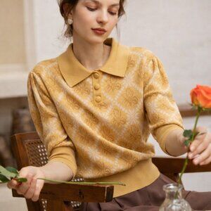 Simply Retro New Yellow Argyle Floral Wool Blend Collared Sweater Polo SZ Large